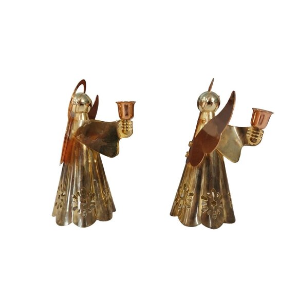 Vintage Christmas Set of 2 Brass And Copper Angel Candle Holders - Picture 4 of 6